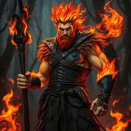 A male humanoid flame elemental druid, with vibrant flames for hair and glowing ember-like skin, stands powerfully while holding a blackened wooden spear in one hand