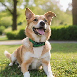 A cheerful dog with bright eyes and wagging tail, basking in the sun in a lush green park.