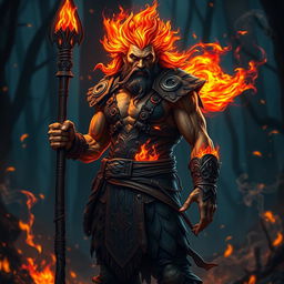 A male humanoid flame elemental druid, with vibrant flames for hair and glowing ember-like skin, stands powerfully while holding a blackened wooden spear in one hand