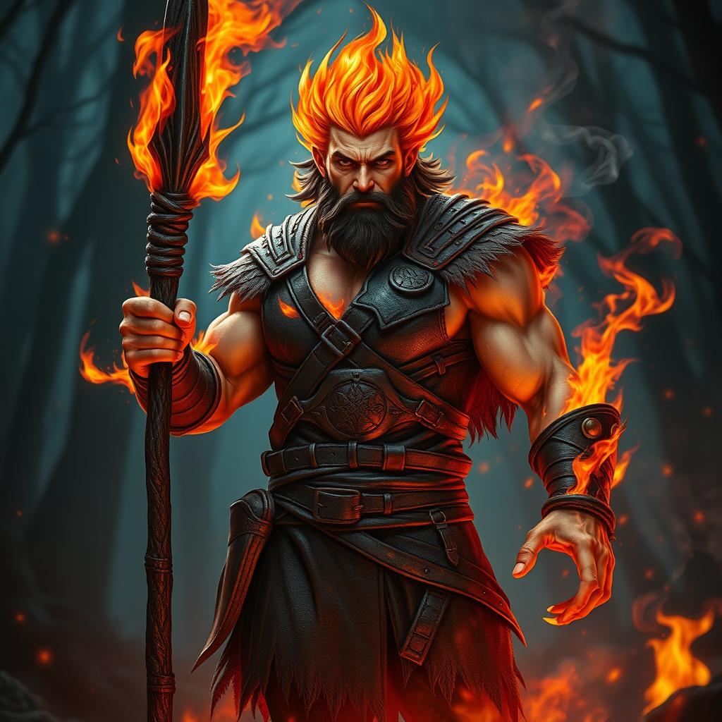 A male humanoid flame elemental druid, with vibrant flames for hair and glowing ember-like skin, stands powerfully while holding a blackened wooden spear in one hand