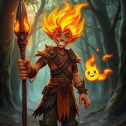 A smiling male humanoid flame elemental druid, with vibrant flames for hair and glowing ember-like skin, stands joyfully holding a blackened wooden spear in one hand