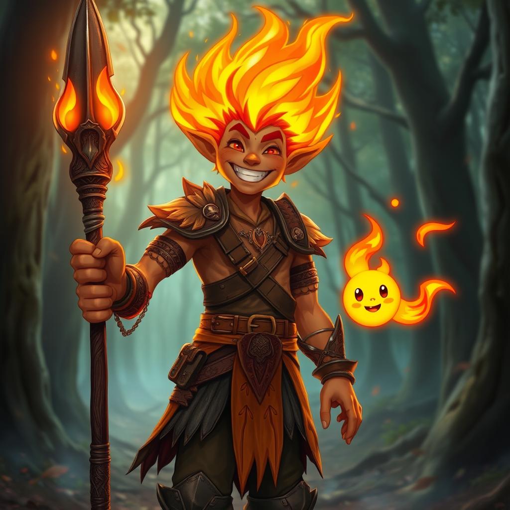 A smiling male humanoid flame elemental druid, with vibrant flames for hair and glowing ember-like skin, stands joyfully holding a blackened wooden spear in one hand
