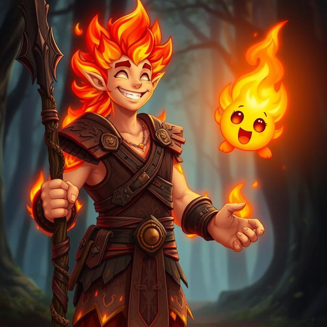 A smiling male humanoid flame elemental druid, with vibrant flames for hair and glowing ember-like skin, stands joyfully holding a blackened wooden spear in one hand