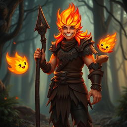 A smiling male humanoid flame elemental druid, with vibrant flames for hair and glowing ember-like skin, stands joyfully holding a blackened wooden spear in one hand