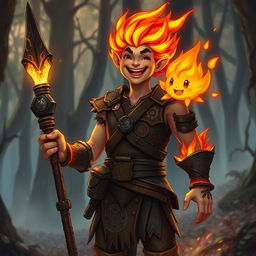 A smiling male humanoid flame elemental druid, with vibrant flames for hair and glowing ember-like skin, stands joyfully holding a blackened wooden spear in one hand