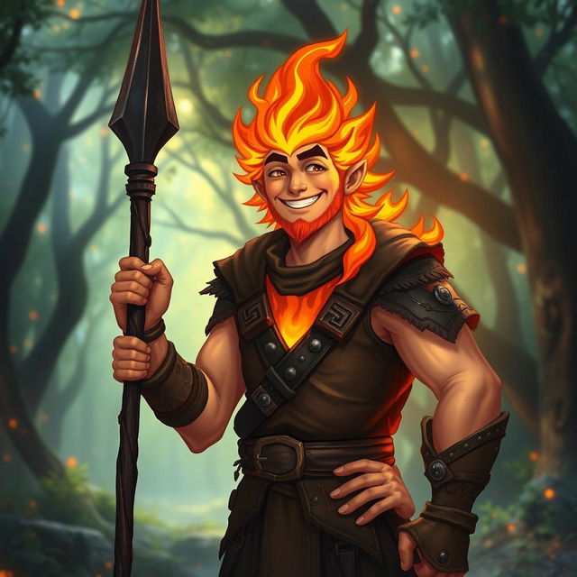 A friendly male humanoid flame elemental druid, characterized by a warm smile, with fiery hair and glowing ember-like skin that radiates a gentle light