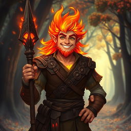 A friendly male humanoid flame elemental druid, characterized by a warm smile, with fiery hair and glowing ember-like skin that radiates a gentle light