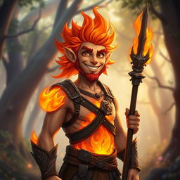 A friendly male humanoid flame elemental druid, characterized by a warm smile, with fiery hair and glowing ember-like skin that radiates a gentle light