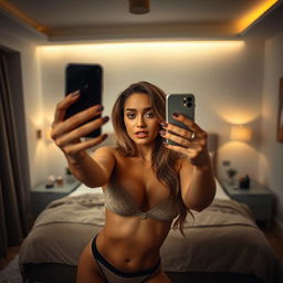 A young woman confidently taking intimate selfies in a stylish, modern bedroom