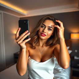 A young woman confidently taking intimate selfies in a stylish, modern bedroom