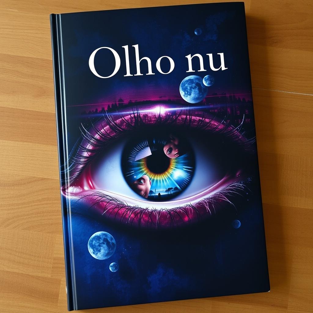 A book cover for 'Olho nu', featuring a surreal and captivating eye prominently in the center