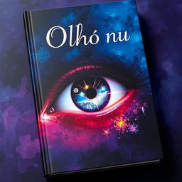 A book cover for 'Olho nu', featuring a surreal and captivating eye prominently in the center