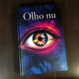 A book cover for 'Olho nu', featuring a surreal and captivating eye prominently in the center