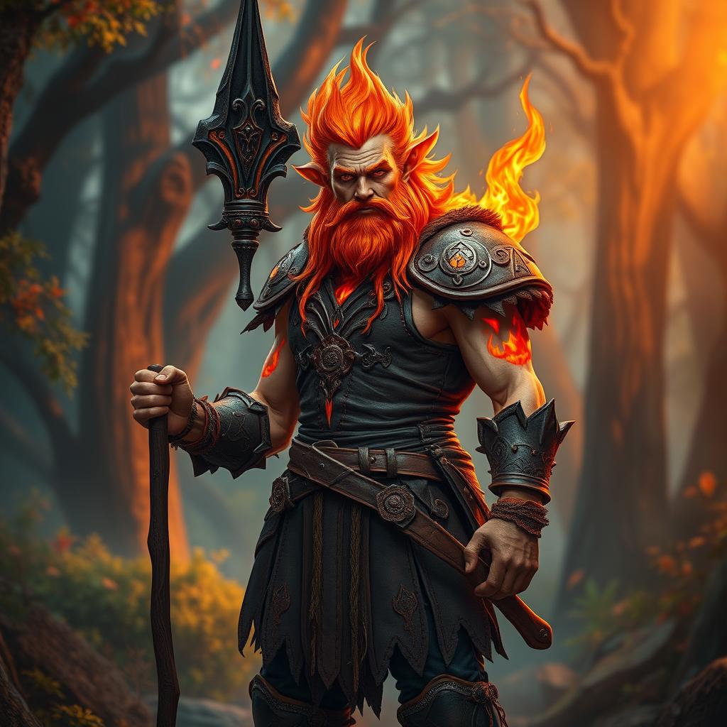 A male humanoid flame elemental druid, characterized by fiery hair and glowing ember-like skin, stands confidently while holding a blackened wooden spear in one hand