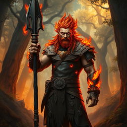 A male humanoid flame elemental druid, characterized by fiery hair and glowing ember-like skin, stands confidently while holding a blackened wooden spear in one hand