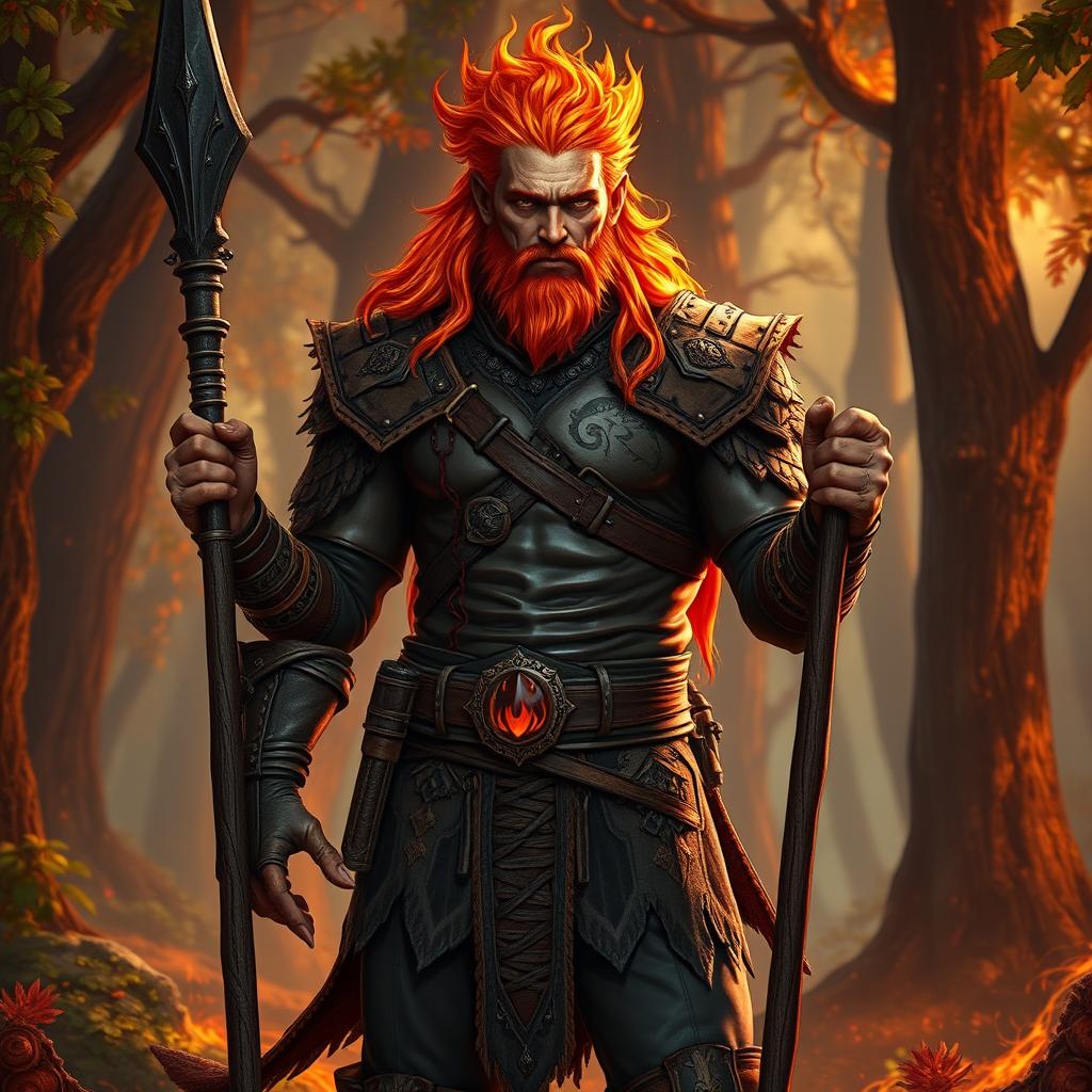 A male humanoid flame elemental druid, characterized by fiery hair and glowing ember-like skin, stands confidently while holding a blackened wooden spear in one hand