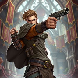 A dynamic image of a guild hero, a charismatic character brandishing a stylish pistol in a fantasy setting