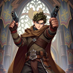 A dynamic image of a guild hero, a charismatic character brandishing a stylish pistol in a fantasy setting