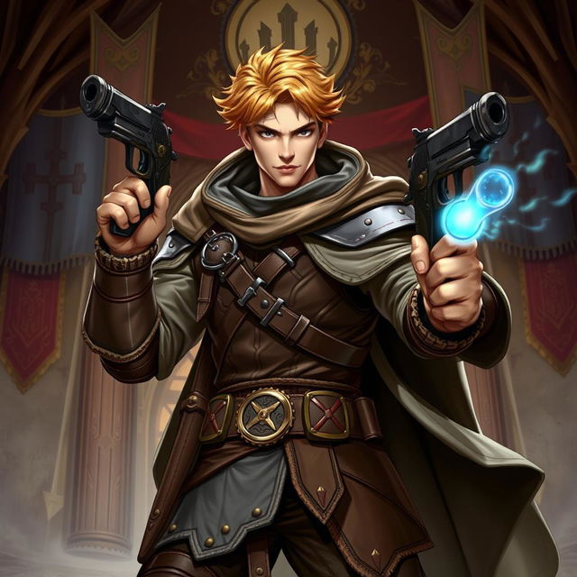 A dynamic image of a guild hero, a charismatic character brandishing a stylish pistol in a fantasy setting