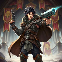 A dynamic image of a guild hero, a charismatic character brandishing a stylish pistol in a fantasy setting