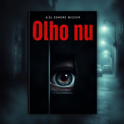 A gripping book cover design for a suspense and murder thriller titled "Olho nu"