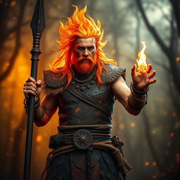 A male flame elemental druid, exuding an aura of fiery energy, stands confidently with a blackened wooden spear in one hand and a small mote of fire gently flickering in the other