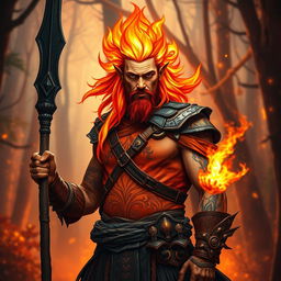 A male flame elemental druid, exuding an aura of fiery energy, stands confidently with a blackened wooden spear in one hand and a small mote of fire gently flickering in the other