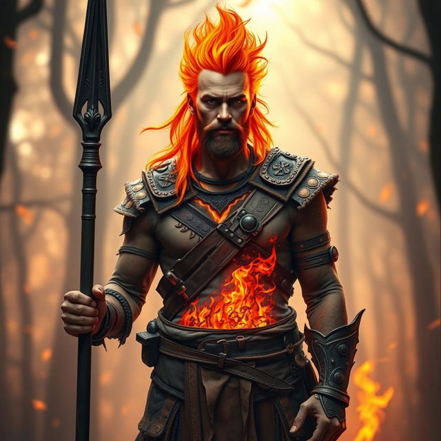 A male flame elemental druid, exuding an aura of fiery energy, stands confidently with a blackened wooden spear in one hand and a small mote of fire gently flickering in the other