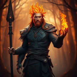 A male flame elemental druid, exuding an aura of fiery energy, stands confidently with a blackened wooden spear in one hand and a small mote of fire gently flickering in the other