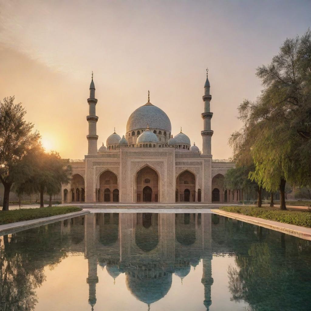 A stunning mosque with architectural elements inspired by nature; featuring motifs of trees, water, and wildlife with a skyline dominated by the setting sun.