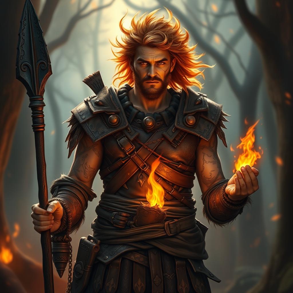 A male fire druid, radiating warmth and power, stands confidently with a blackened wooden spear in one hand and a small mote of fire glowing gently in the other