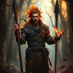 A male fire druid, radiating warmth and power, stands confidently with a blackened wooden spear in one hand and a small mote of fire glowing gently in the other