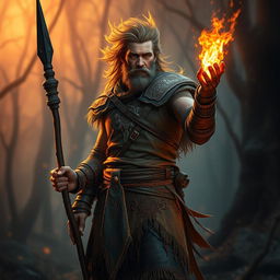 A male fire druid, radiating warmth and power, stands confidently with a blackened wooden spear in one hand and a small mote of fire glowing gently in the other