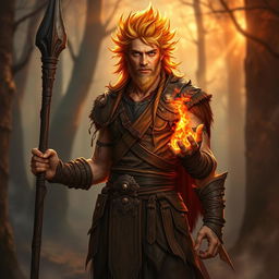 A male fire druid, radiating warmth and power, stands confidently with a blackened wooden spear in one hand and a small mote of fire glowing gently in the other