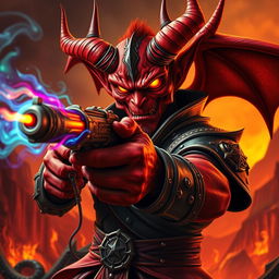 An intense and captivating image of a red demon wielding a magical pistol