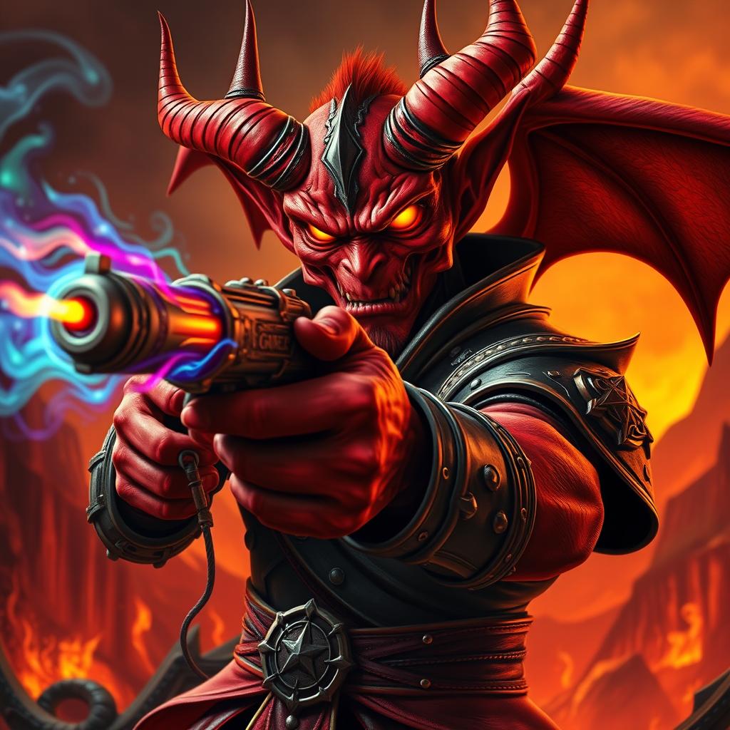 An intense and captivating image of a red demon wielding a magical pistol