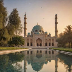 A stunning mosque with architectural elements inspired by nature; featuring motifs of trees, water, and wildlife with a skyline dominated by the setting sun.