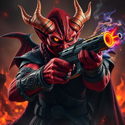 An intense and captivating image of a red demon wielding a magical pistol