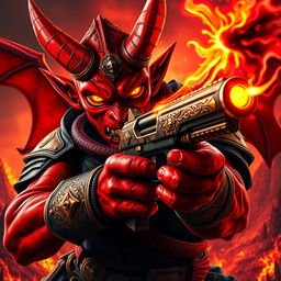 An intense and captivating image of a red demon wielding a magical pistol