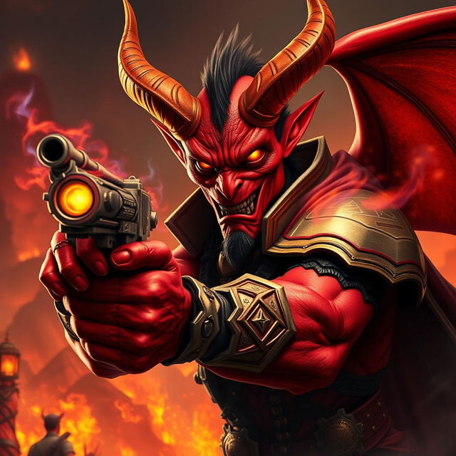 An intense and captivating image of a red demon wielding a magical pistol