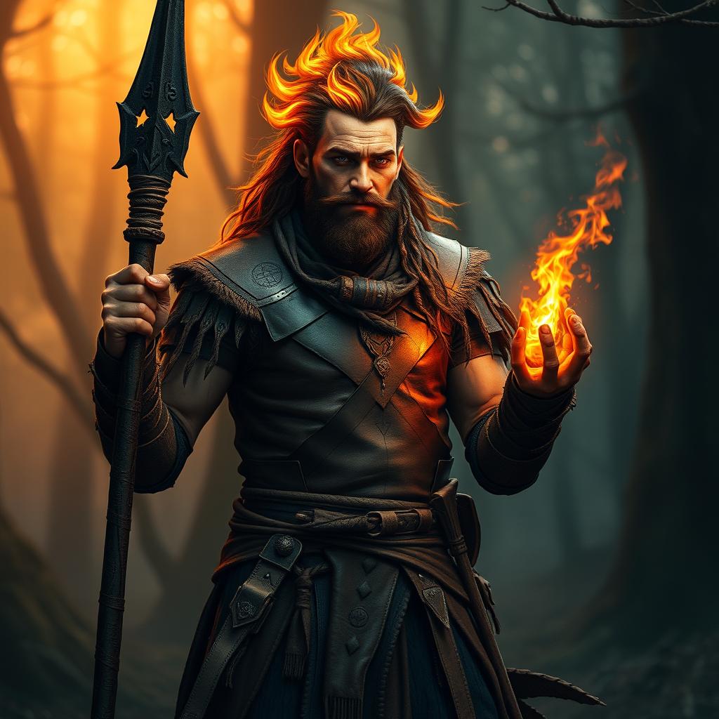 A male fire genasi druid, exuding an aura of elemental power, stands with confidence, holding a blackened wooden spear in one hand and a small mote of fire glowing brightly in the other