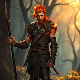 A male fire genasi druid, exuding an aura of elemental power, stands with confidence, holding a blackened wooden spear in one hand and a small mote of fire glowing brightly in the other