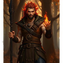 A male fire genasi druid, exuding an aura of elemental power, stands with confidence, holding a blackened wooden spear in one hand and a small mote of fire glowing brightly in the other