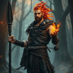 A male fire genasi druid, exuding an aura of elemental power, stands with confidence, holding a blackened wooden spear in one hand and a small mote of fire glowing brightly in the other