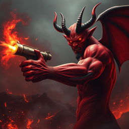 A striking image of a red demon with a powerful arm transformed into a magical pistol