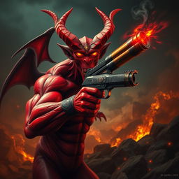 A striking image of a red demon with a powerful arm transformed into a magical pistol