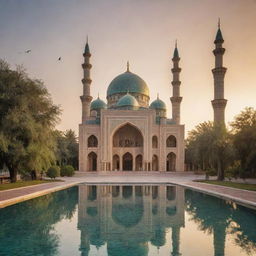 A stunning mosque with architectural elements inspired by nature; featuring motifs of trees, water, and wildlife with a skyline dominated by the setting sun.