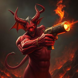 A striking image of a red demon with a powerful arm transformed into a magical pistol