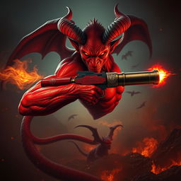 A striking image of a red demon with a powerful arm transformed into a magical pistol