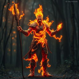 A male humanoid fire elemental druid, his entire body composed of swirling flames, stands dramatically with a blackened wooden spear in one hand and a small mote of fire glowing brightly in the other